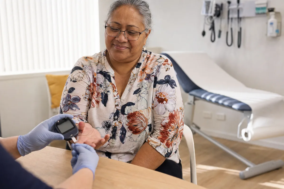 A nurse checking a patient's blood glucose during a diabetes review