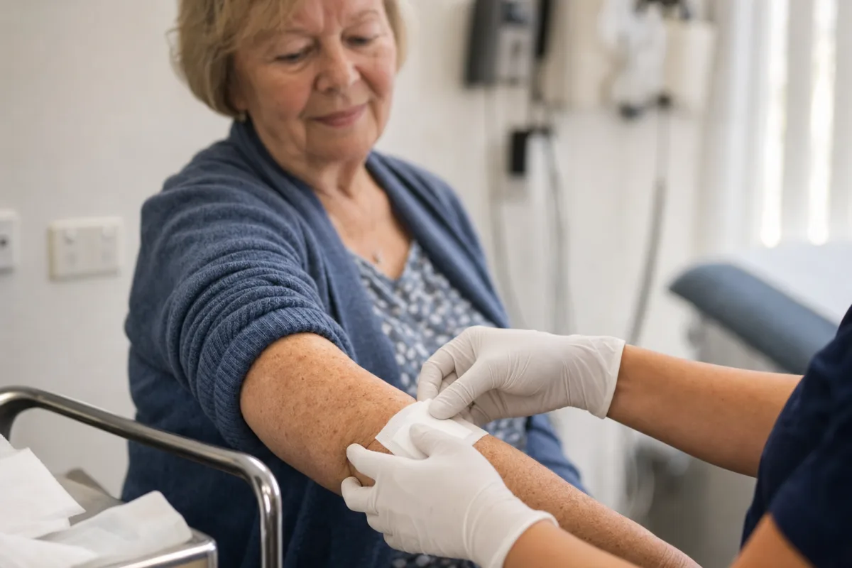 A nurse applying a fresh dressing to an older woman's forearm