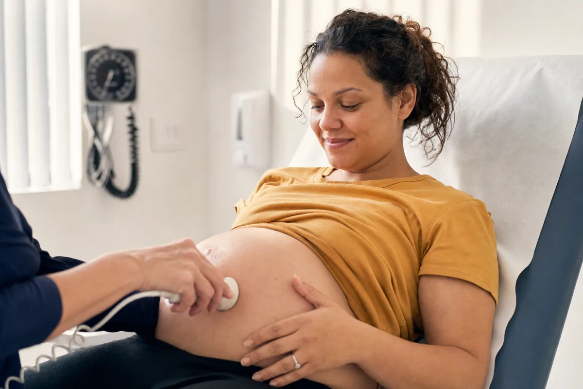 A pregnant woman smiling as a midwife listens to the baby's heartbeat