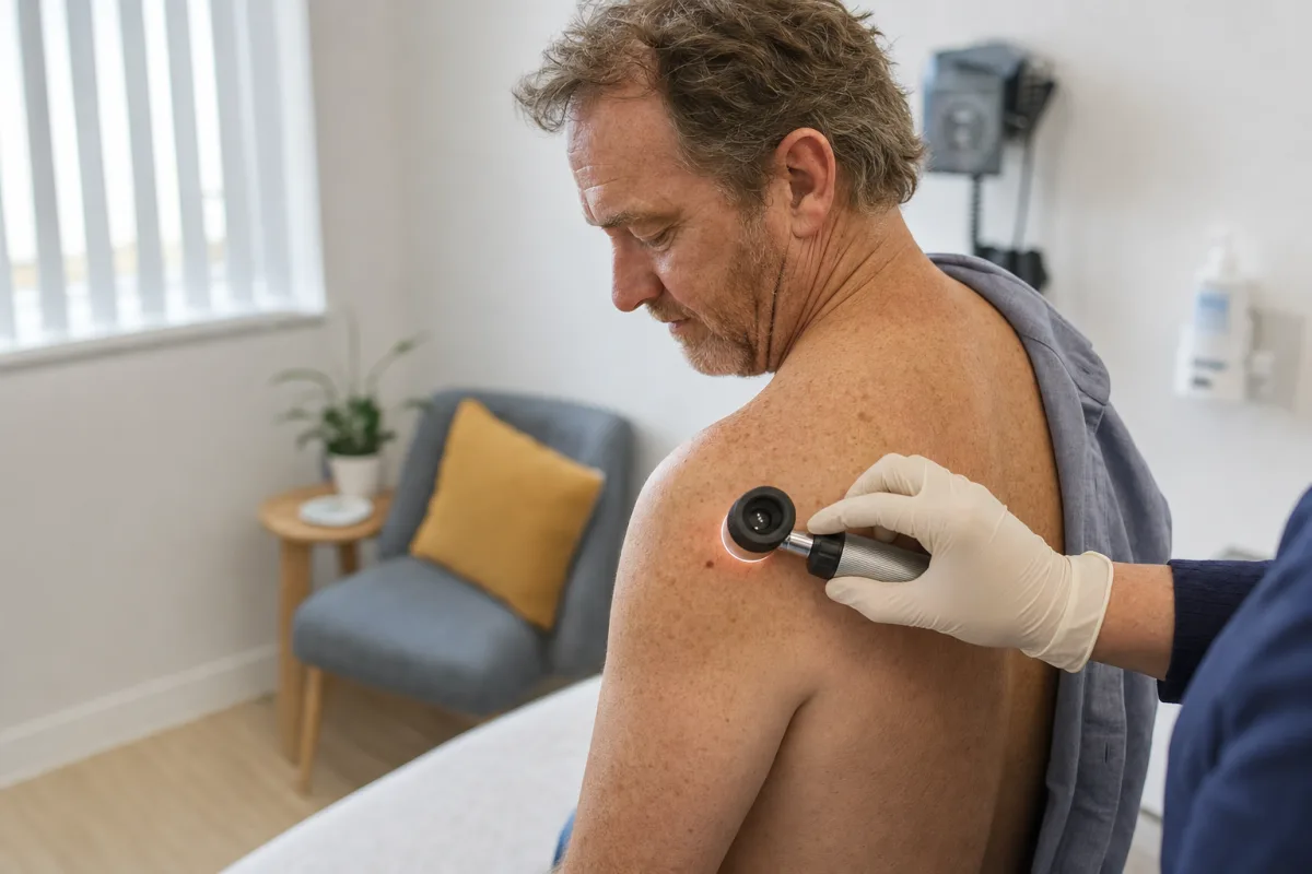 A doctor examining a mole on a patient's shoulder with a dermatoscope